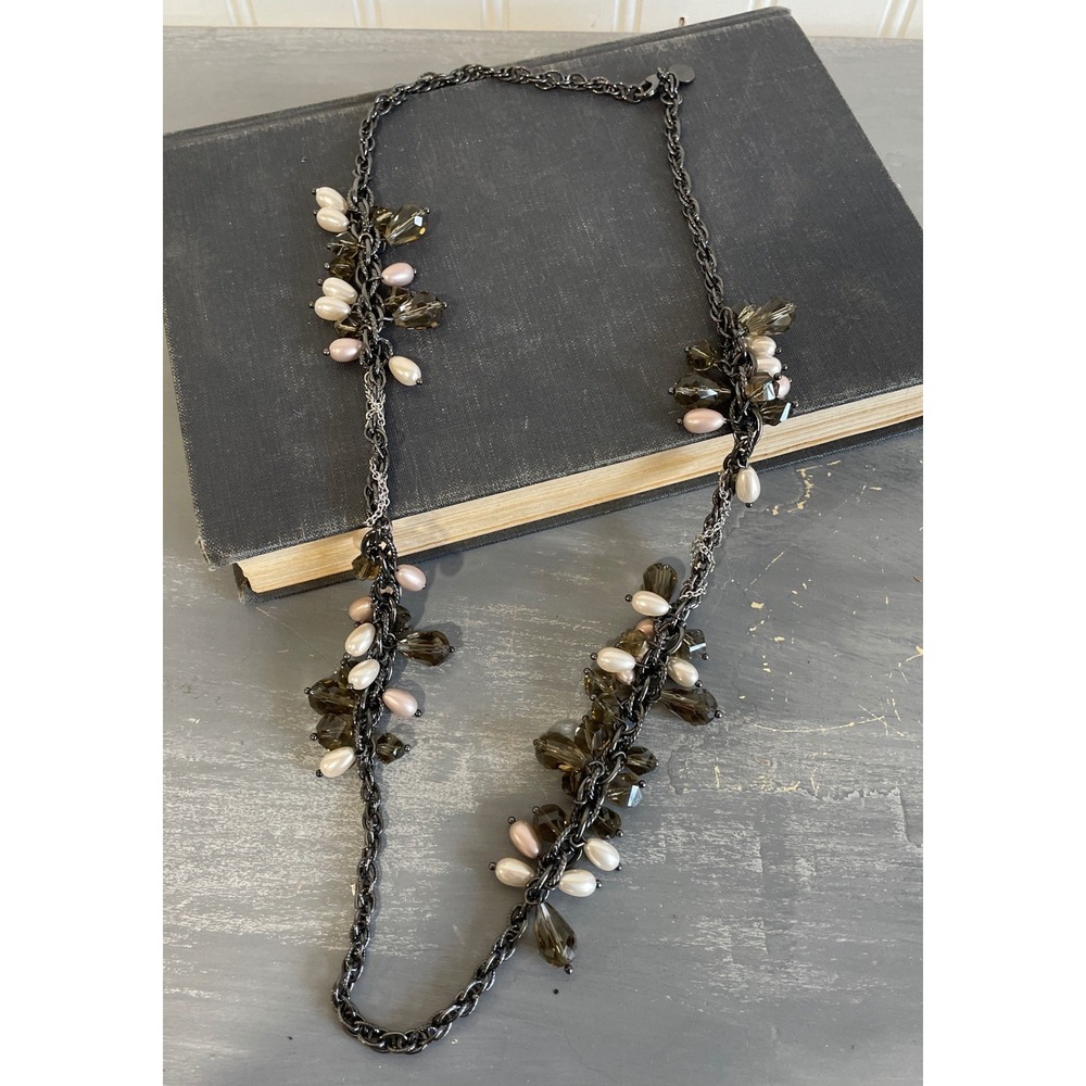 Talbots Long Chain Necklace Pearl Beads Crystal Charms Dark Metal Pendant‎